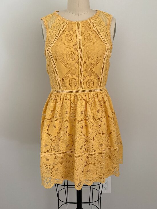 Xhilaration Dresses & Skirts - Xhilaration Mustard Yellow Lace Fit Flare Dress Boho Summer Mini Cottagecore M